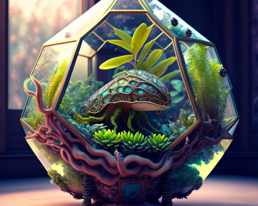 Turtle-themed terrarium with miniature ecosystem on windowsill