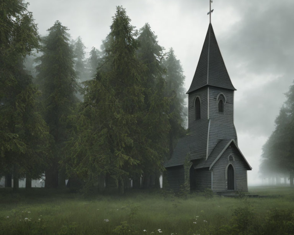 Solitary church with steeple in foggy forest