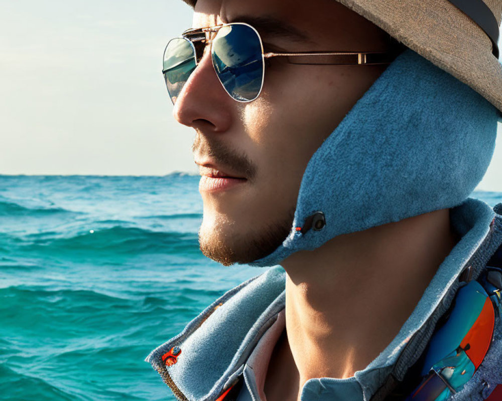 Pensive man in hat and sunglasses by the sea with life vest - boating or beach theme