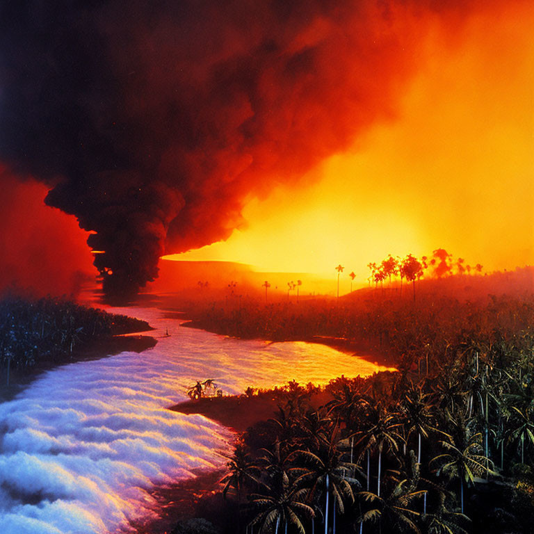 Majestic volcanic eruption with lava flowing into ocean at night