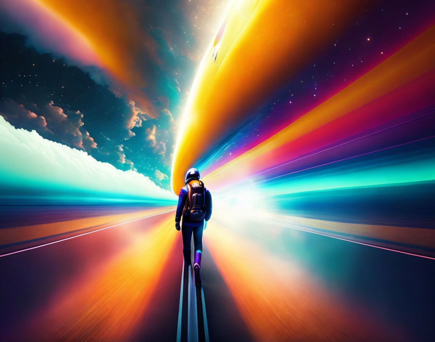 Person in Spacesuit on Vibrant Cosmic Path under Surreal Sky