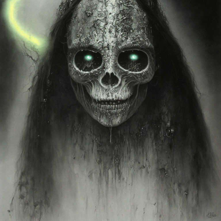 Skull-faced figure with glowing green eyes in misty darkness