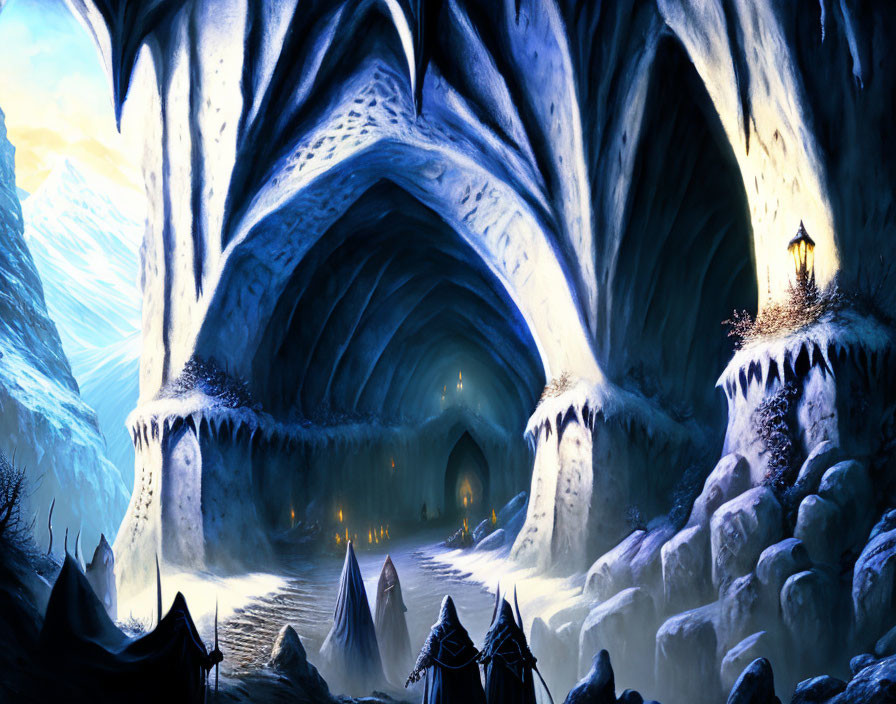 Mystical icy cave with frozen arches and lantern light