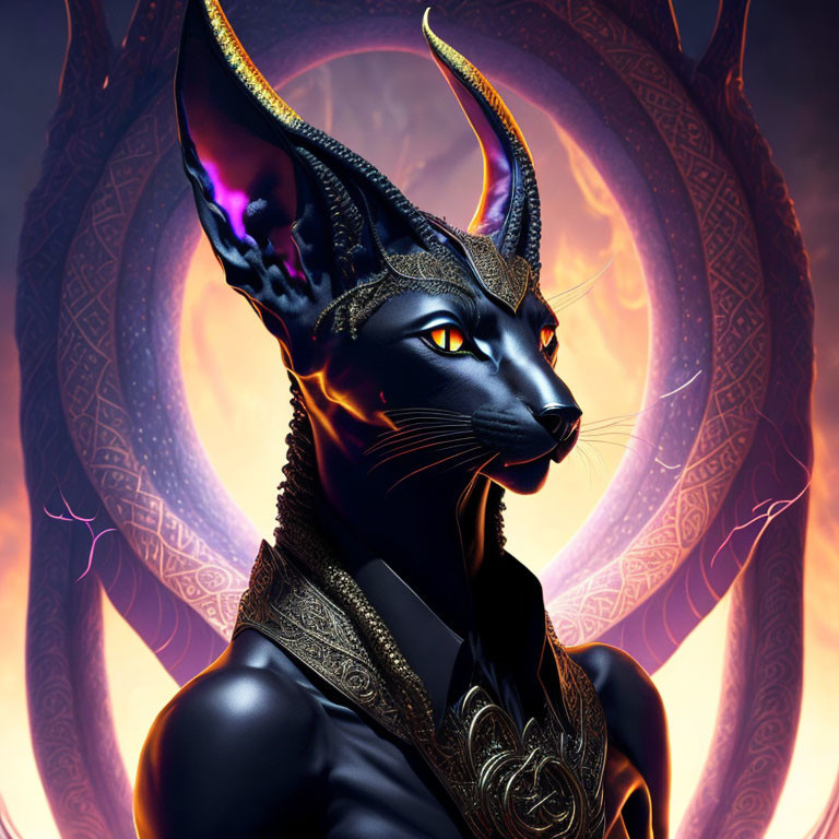 Digital artwork: Black anthropomorphic cat with glowing eyes and Egyptian jewelry on decorative circular background