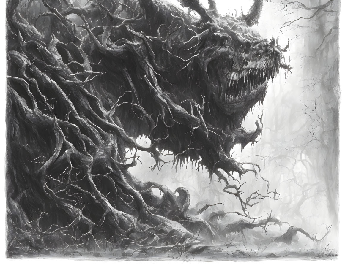 Monochrome forest beast artwork with entwined branches in menacing pose