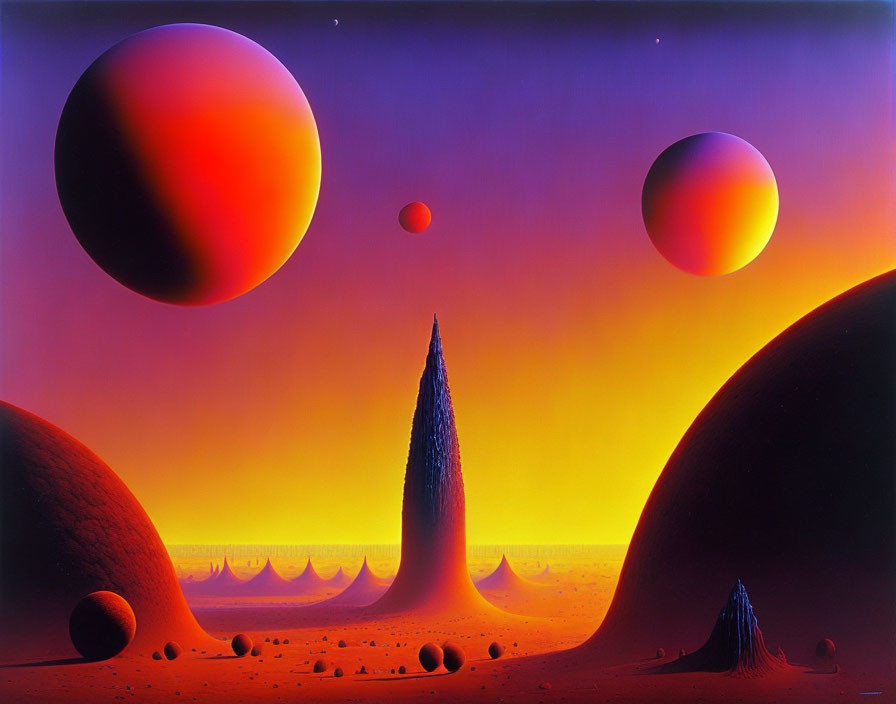 Vibrant orange skies over alien landscape with floating spheres and towering spikes