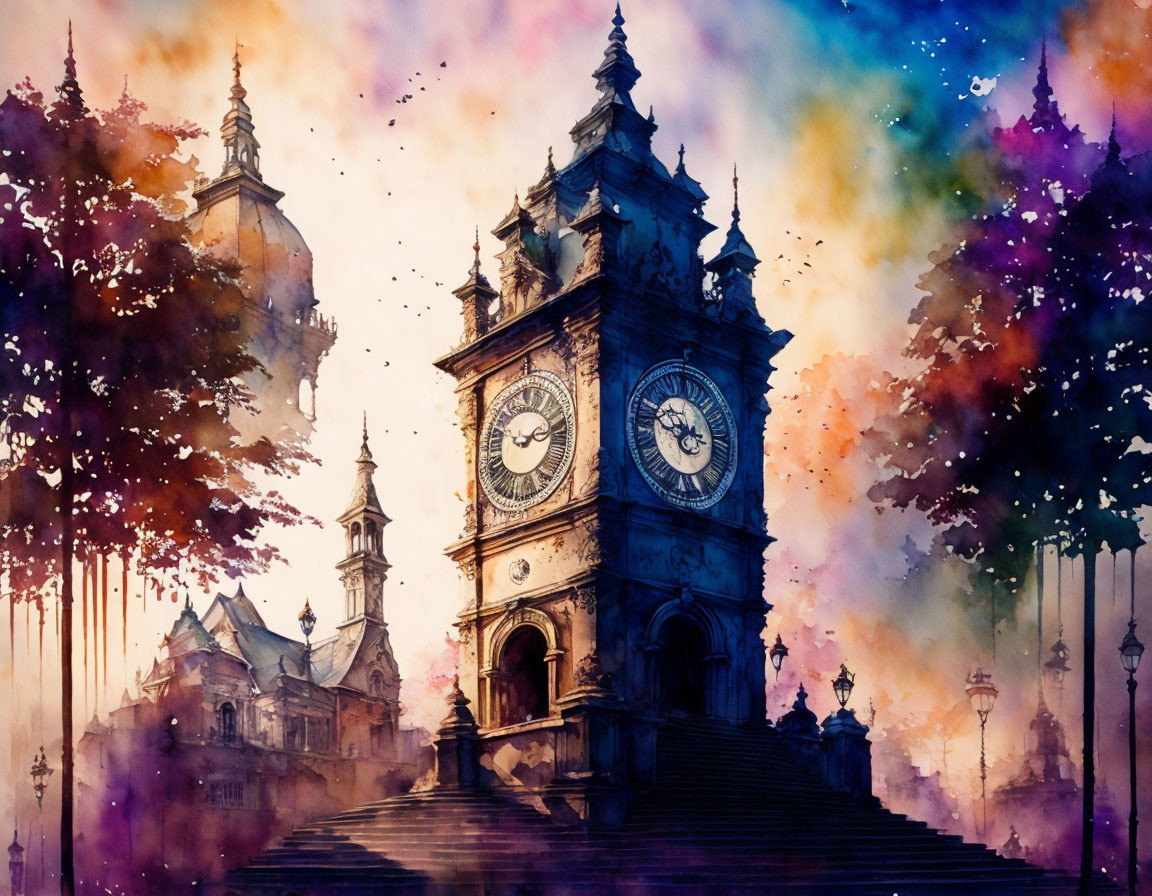 Colorful watercolor painting of ornate clock tower and trees in misty scenery