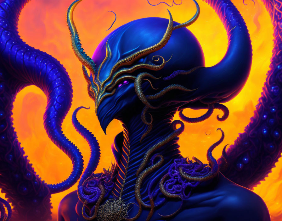 Blue humanoid figure with octopus-like head in vibrant digital art