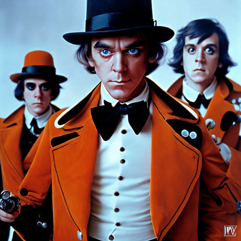 Three People in Orange Jackets and Top Hats with Cane on Blue Background