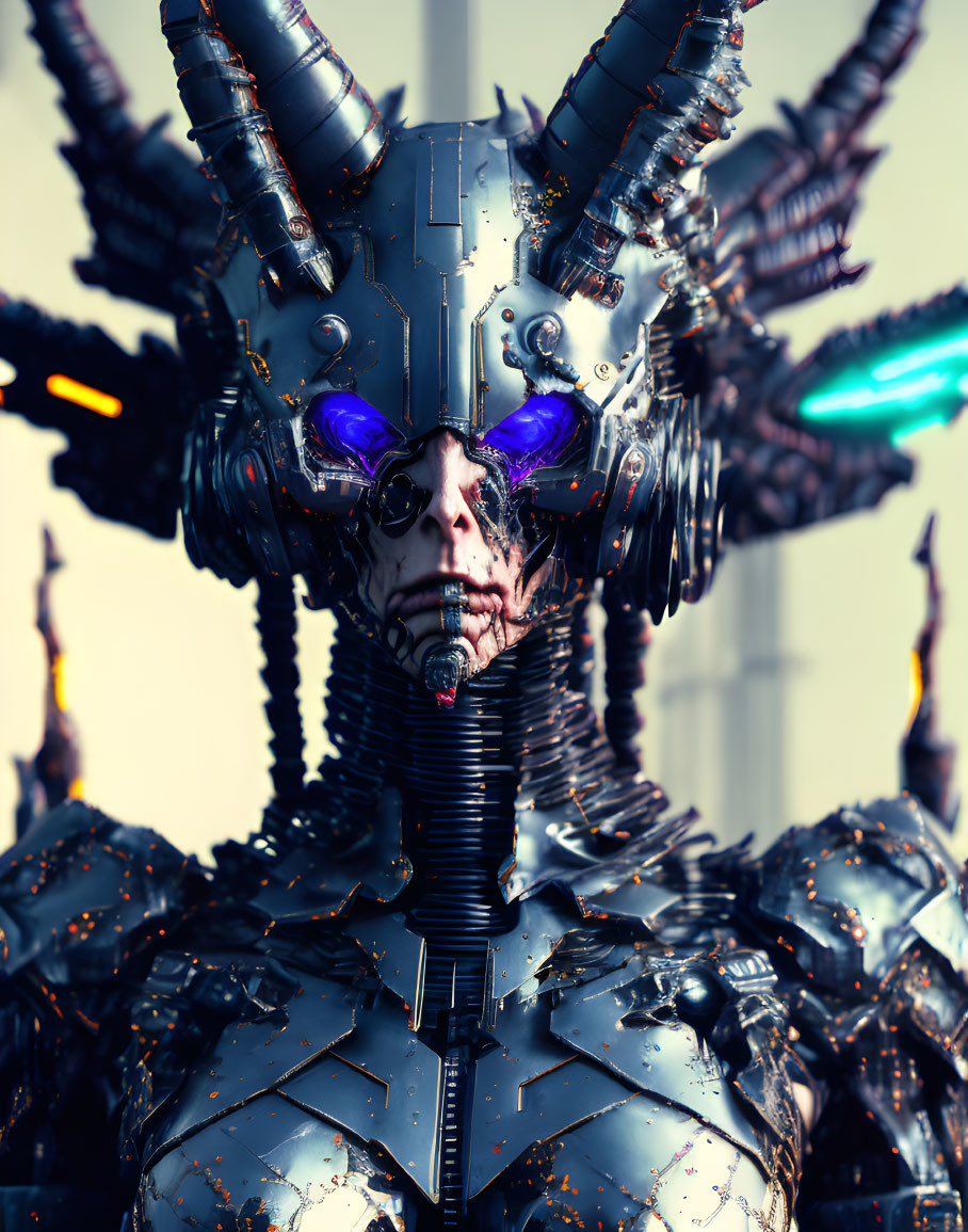 Futuristic robotic figure with humanoid skull face & purple glowing eyes