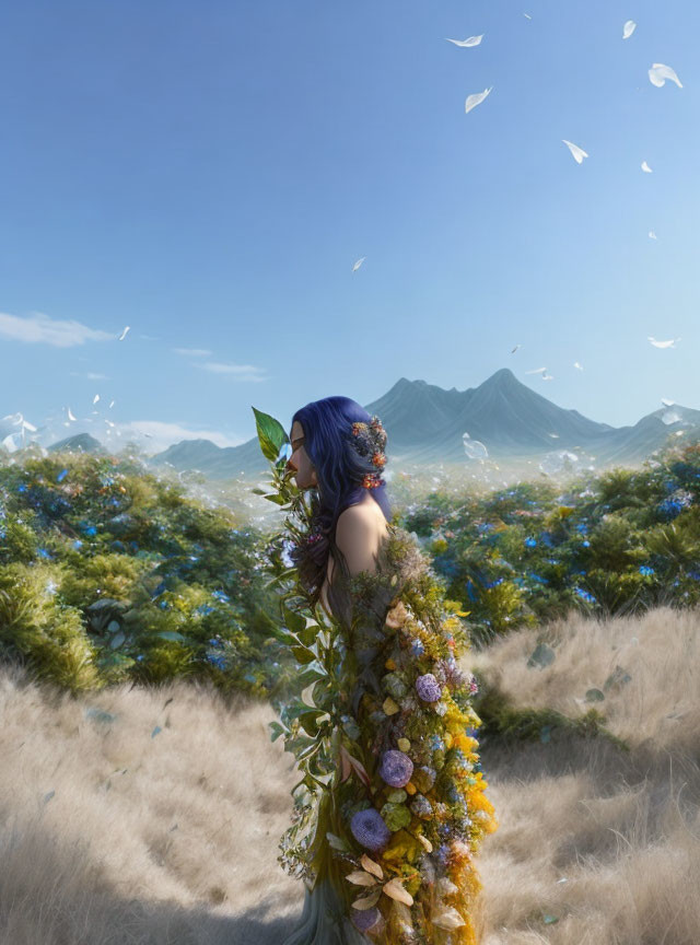 Blue-haired woman in floral dress gazes at mountains in meadow scene.