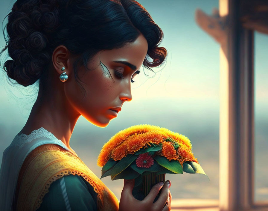 Profile view of woman with intricate hairstyle holding orange flower bouquet