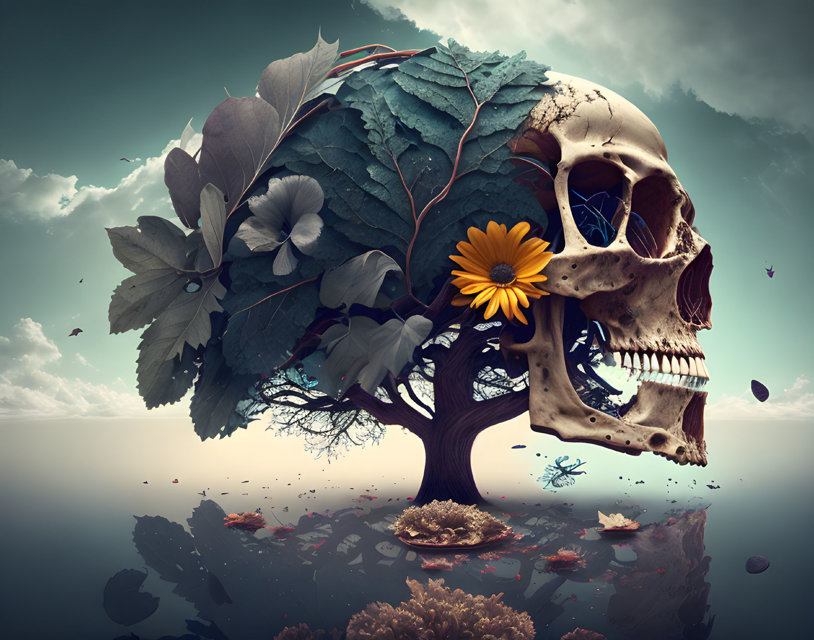 Surreal image: Tree growing from water into human skull with plants and flower, cloudy sky.