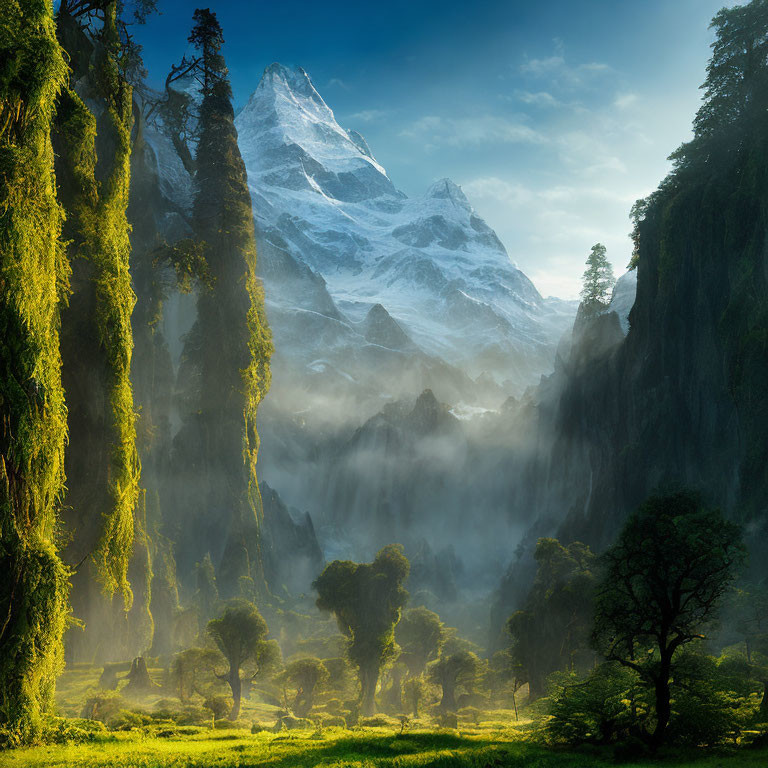 Mystical forest with hanging moss and snow-capped mountain scenery