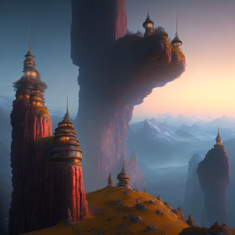 Majestic rock formations and intricate buildings under warm sunset