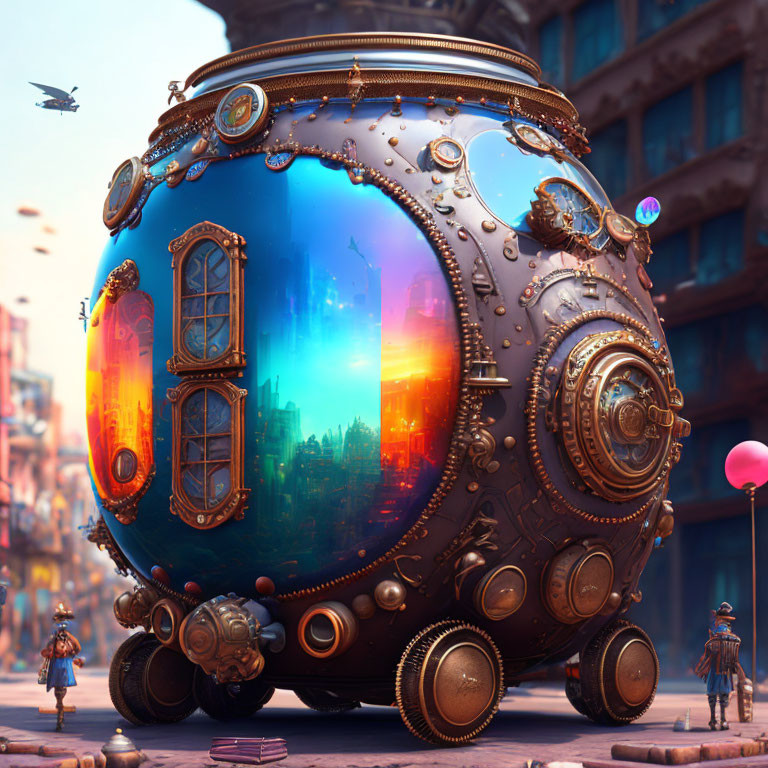 Steampunk capsule with cityscape reflections in urban scene