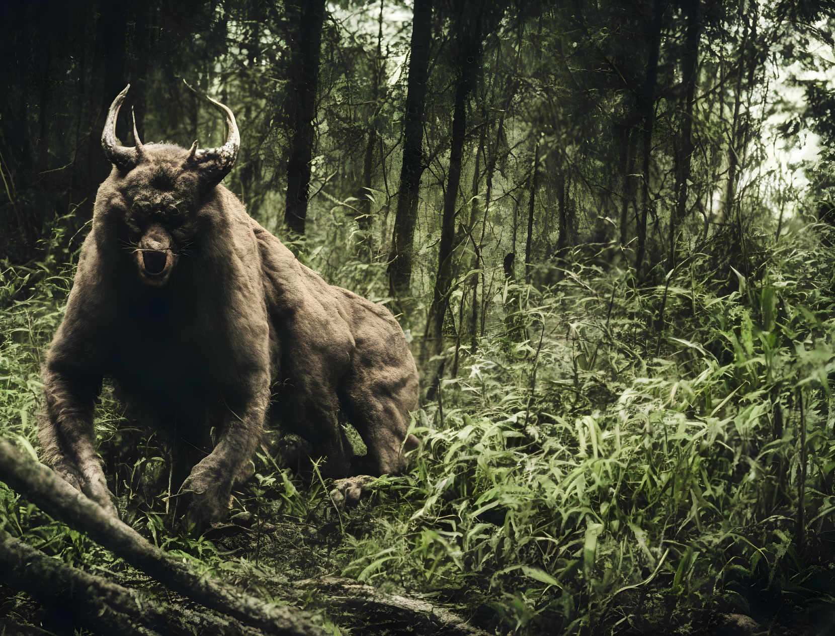 Large brown bull with curved horns in misty forest surrounded by dense foliage