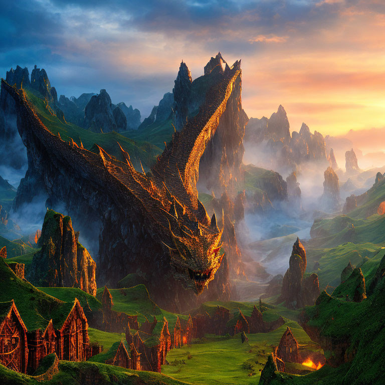 Dragon-shaped Mountain Overlooking Fantasy Landscape with Green Hills and Mysterious Fog at Sunrise