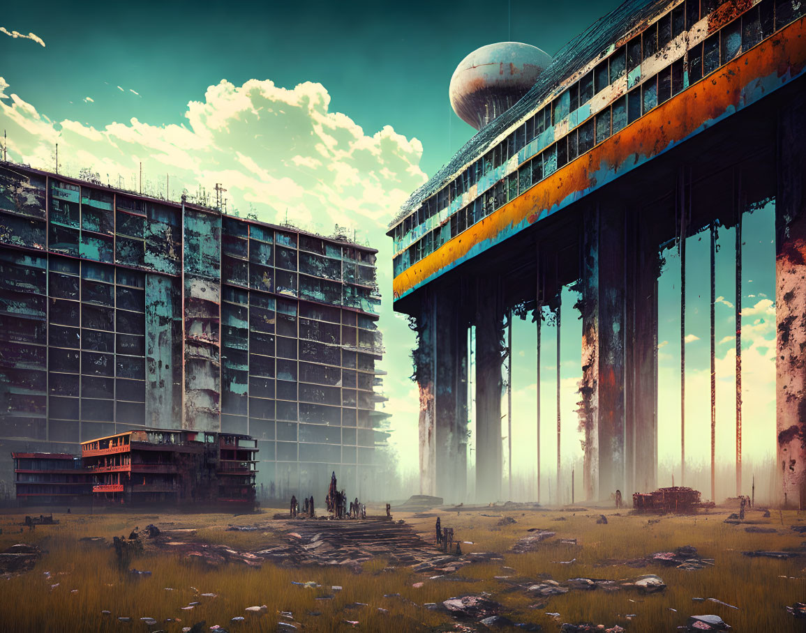 Abandoned futuristic buildings with hovering spaceship and figures in overgrown ruins