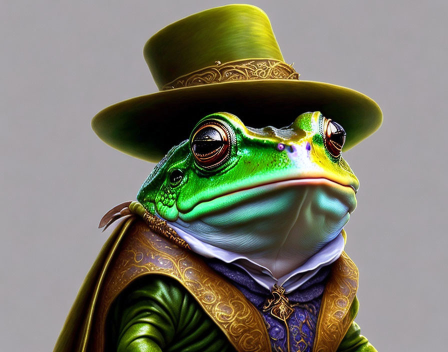 Colorful Victorian-style frog illustration in top hat and elegant attire.