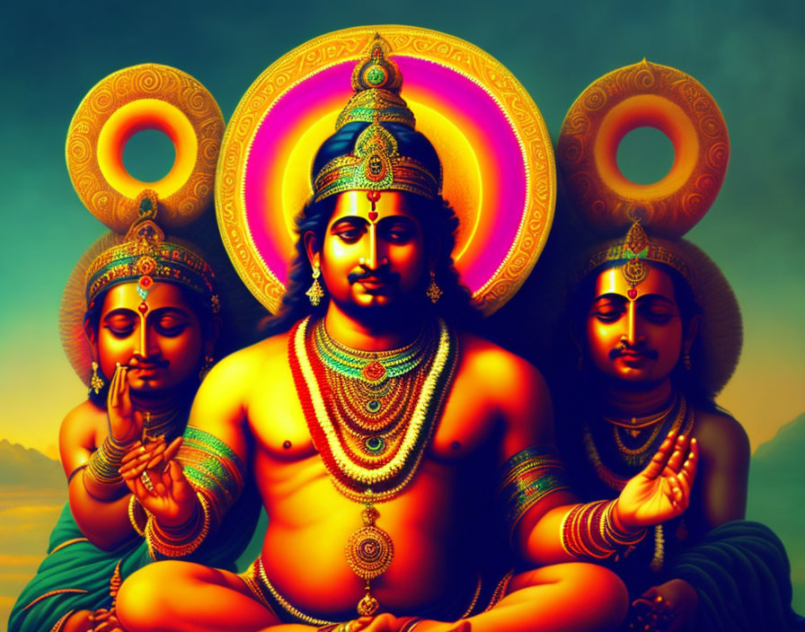 Vibrant Hindu deity with multiple heads and arms on illuminated backdrop