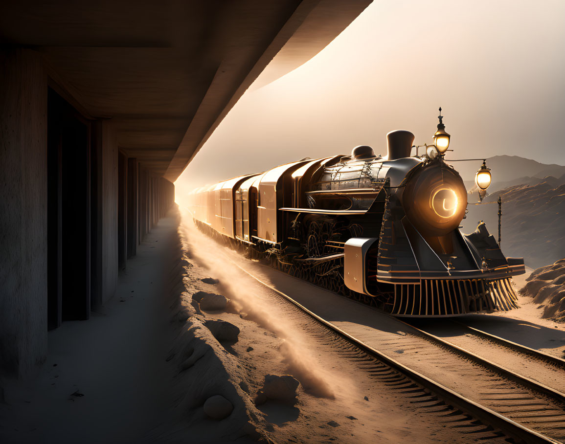 Vintage Train Exiting Tunnel into Sunlit Sandy Landscape