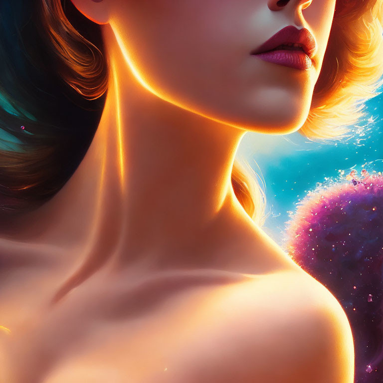 Colorful digital portrait of a woman with glowing outlines and cosmic background