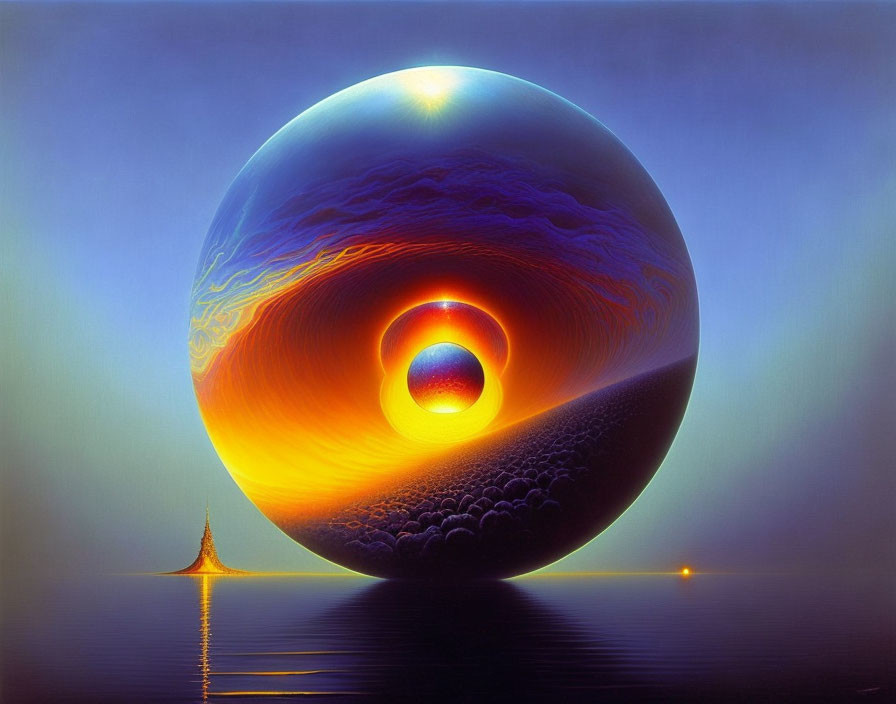 Reflective Sphere Artwork with Nested Spheres in Tranquil Water Scene