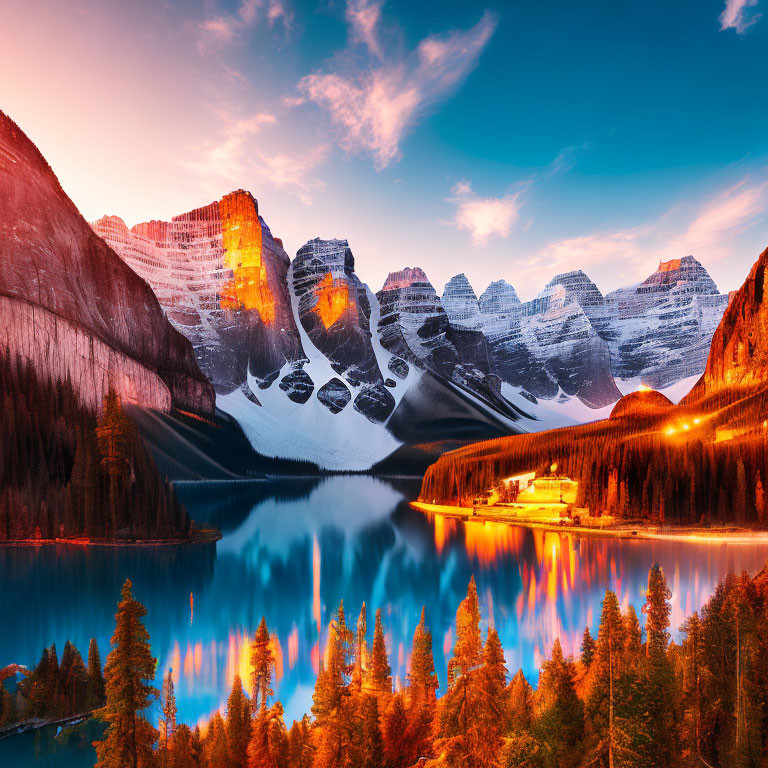 Snow-capped mountains at sunrise reflecting in a tranquil blue lake with evergreen and autumn trees.