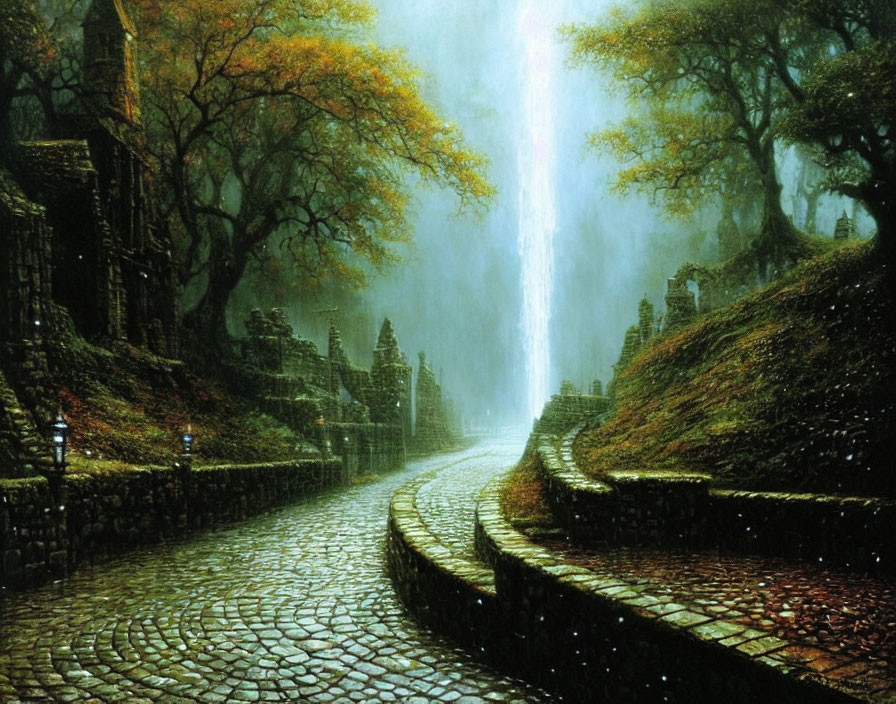 Cobblestone Path in Misty Fantasy Landscape