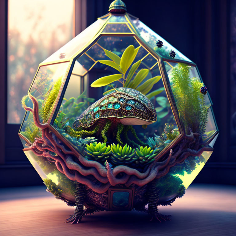 Turtle-themed terrarium with miniature ecosystem on windowsill