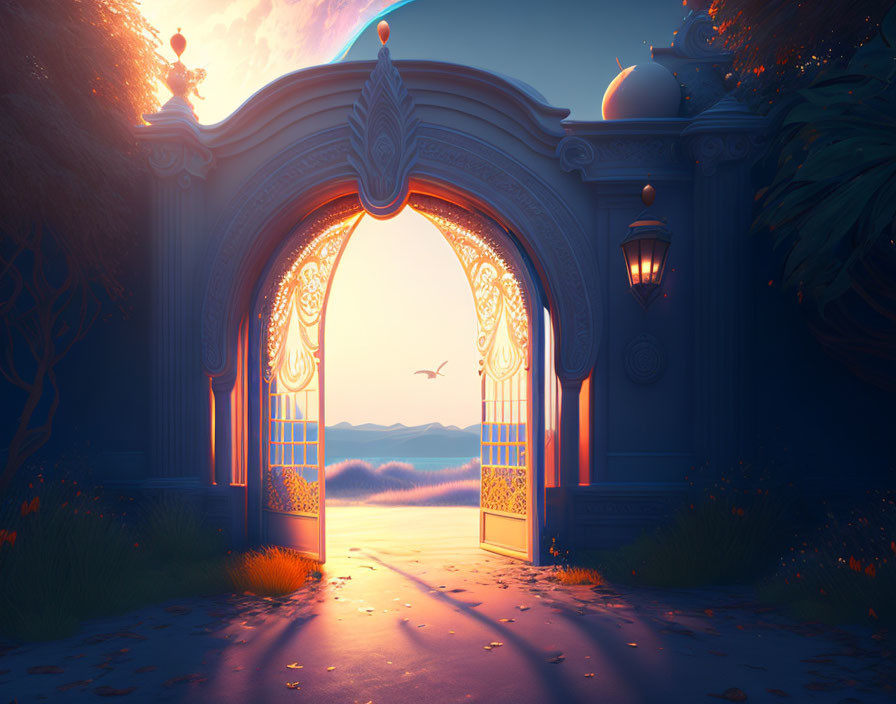 Ornate open gateway in warm sunset light overlooking serene landscape