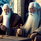 Elderly wizards with white beards at wooden table