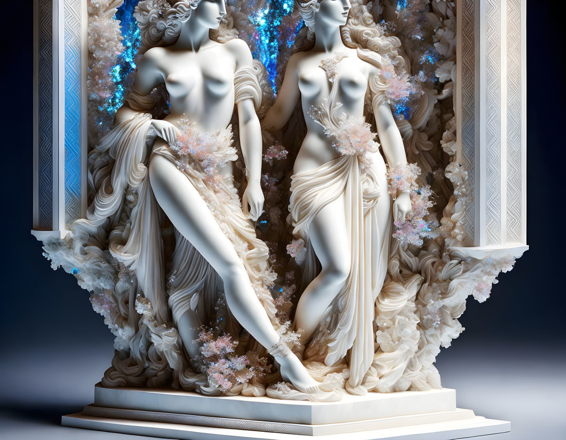 Classical-style statues of women with floral adornments and glowing elements against blue backdrop