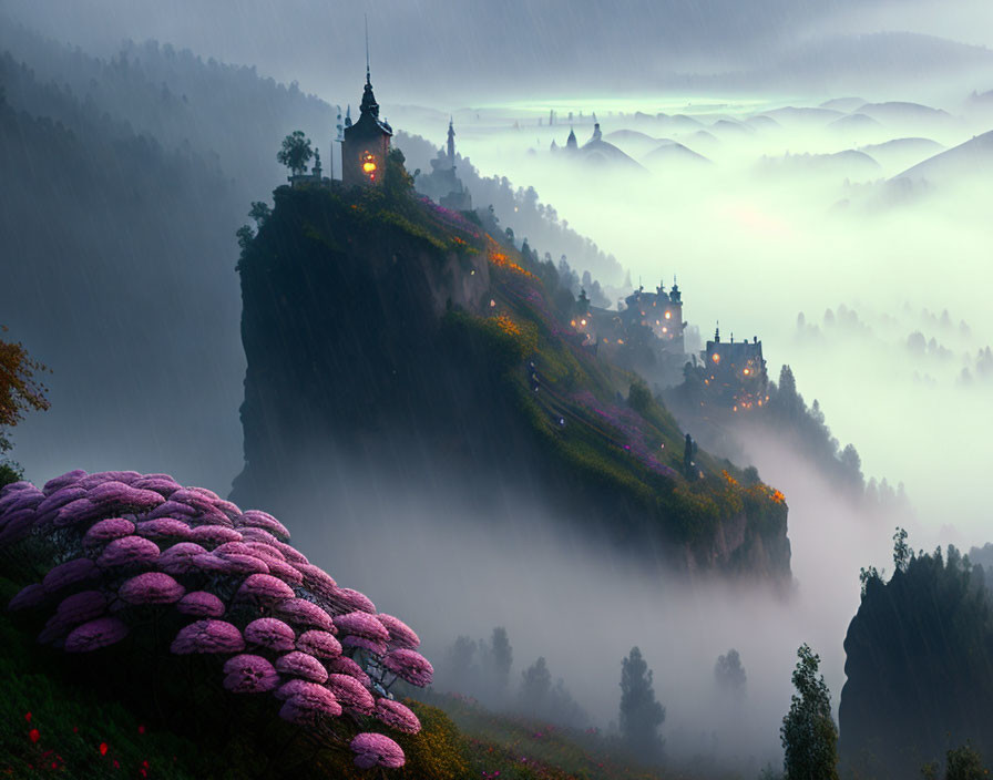 Hilltop Castle in Mystical Landscape with Fog and Purple Flowers