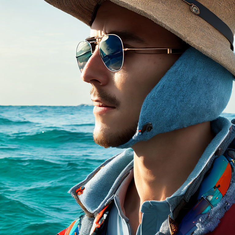 Pensive man in hat and sunglasses by the sea with life vest - boating or beach theme