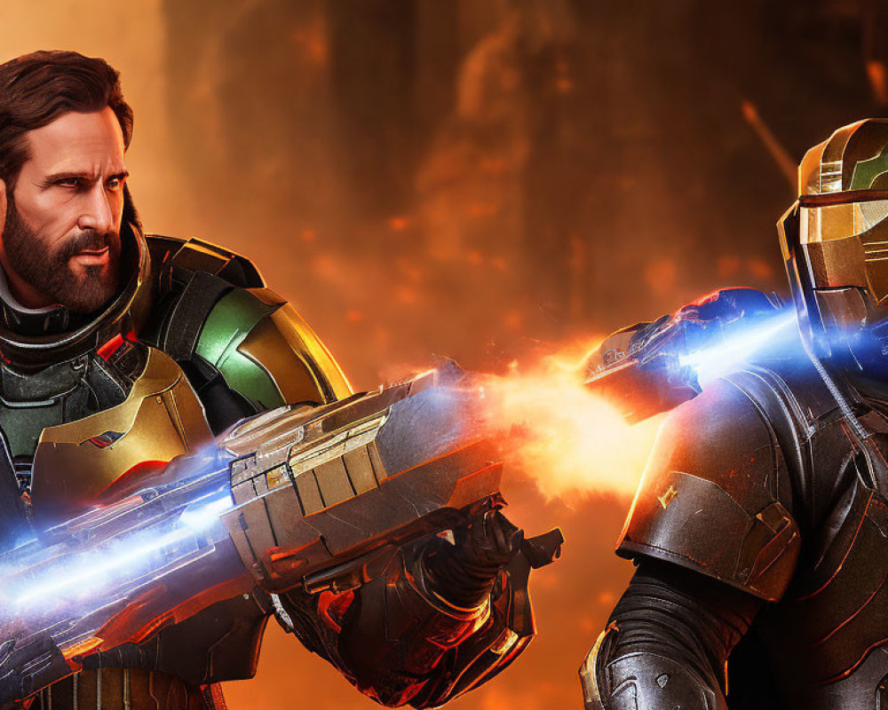 Futuristic armored characters with intense expressions in explosive scene