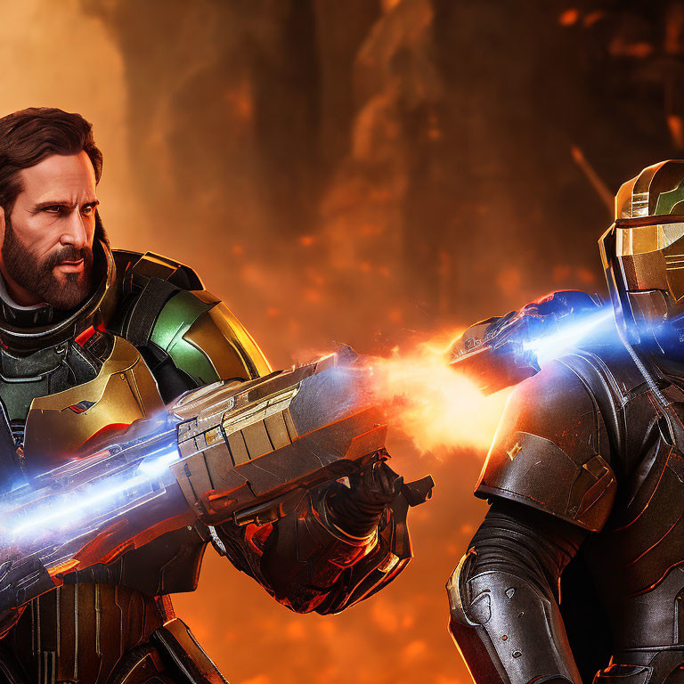 Futuristic armored characters with intense expressions in explosive scene