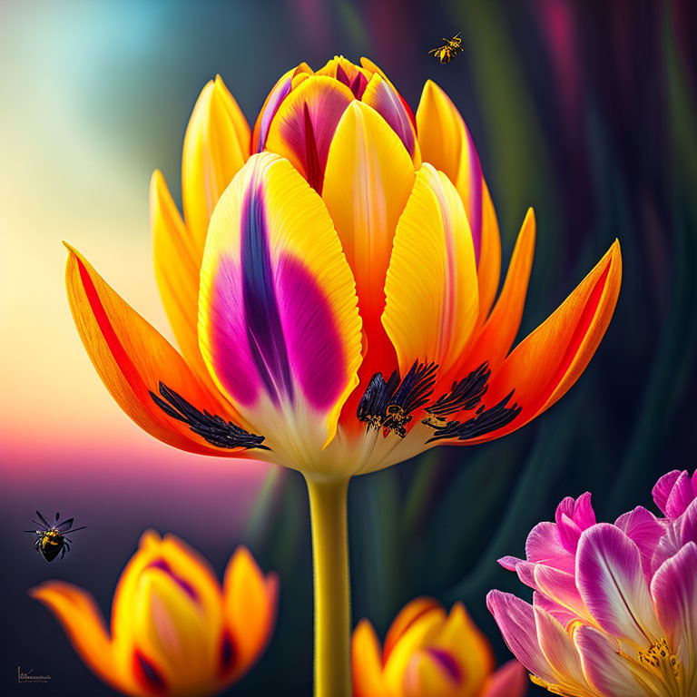 Colorful Tulip with Yellow and Pink Petals and Bees on Soft Background