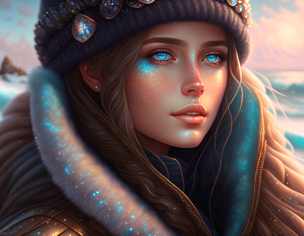 Cosmic-themed digital painting of woman with blue eyes and winter attire