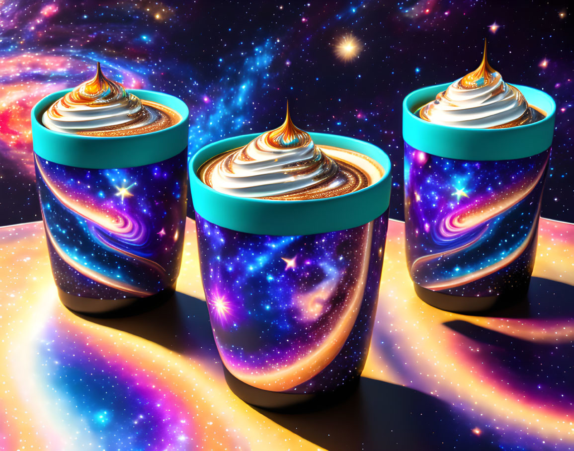 Galaxy-themed designs on three cups with cosmic substance on starry background