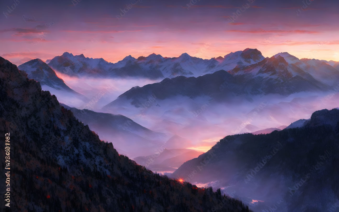 Mountain Range Sunset Panorama with Purple and Orange Sky