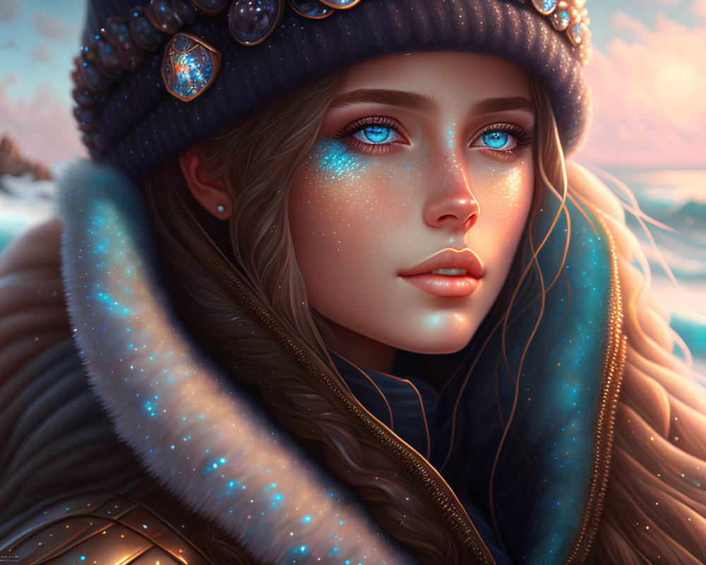 Cosmic-themed digital painting of woman with blue eyes and winter attire