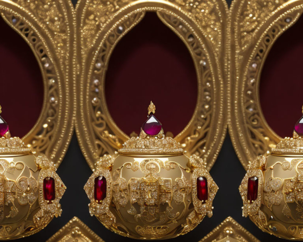 Luxurious golden jewelry with rubies and diamonds on dark background.