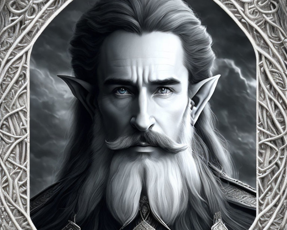 Regal bearded elf with long hair and pointed ears in ornate circular border