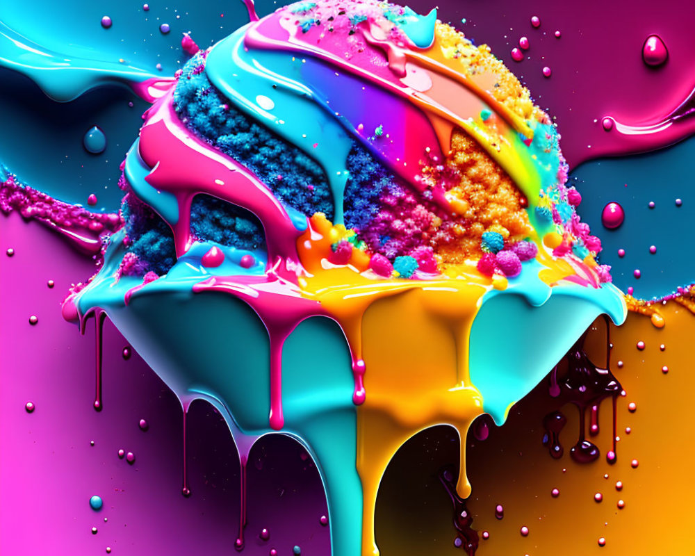 Colorful Close-Up of Melting Dessert with Dripping Pink, Blue, Yellow, and