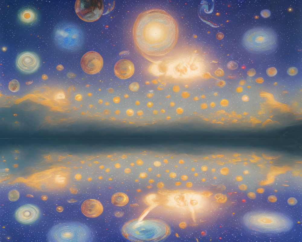 Symmetrical cosmic scene with galaxies and stars reflected on glassy surface