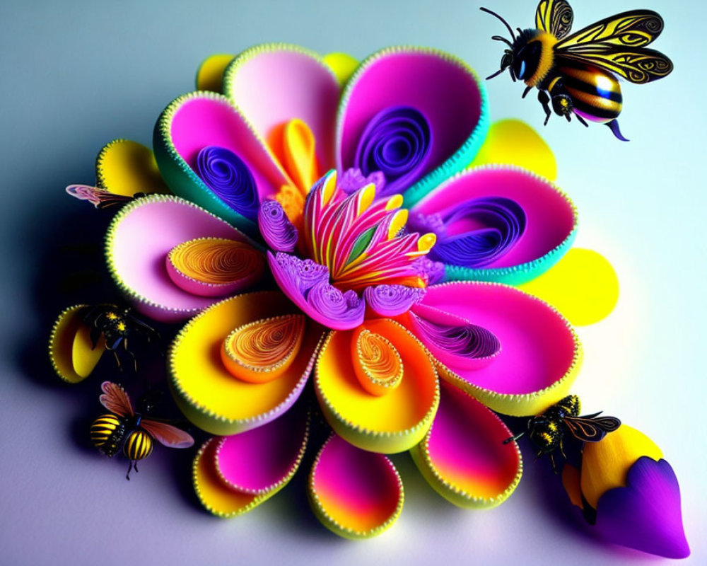 Colorful paper quilling flower with bees illustration