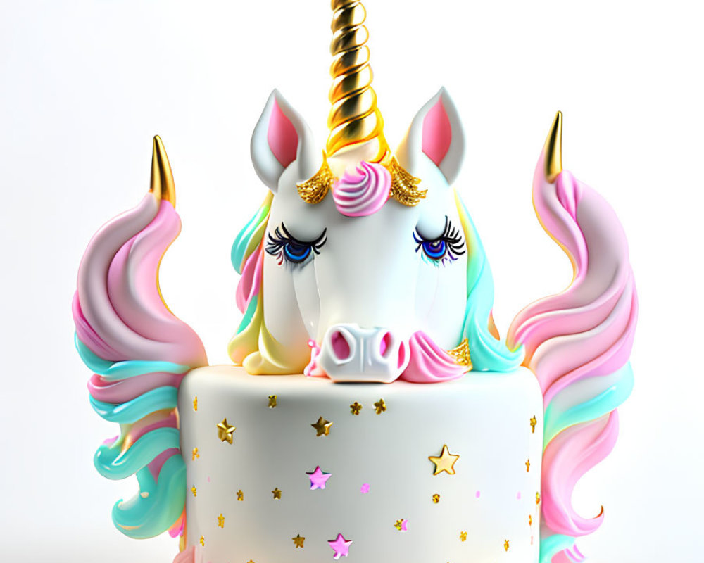 Whimsical unicorn-themed cake with golden horn and pastel-colored mane