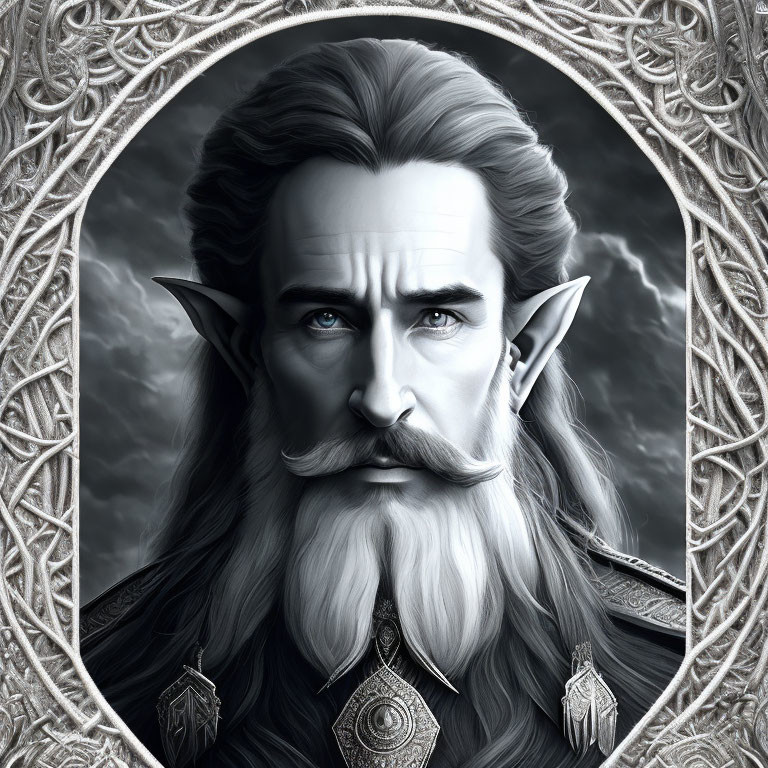 Regal bearded elf with long hair and pointed ears in ornate circular border